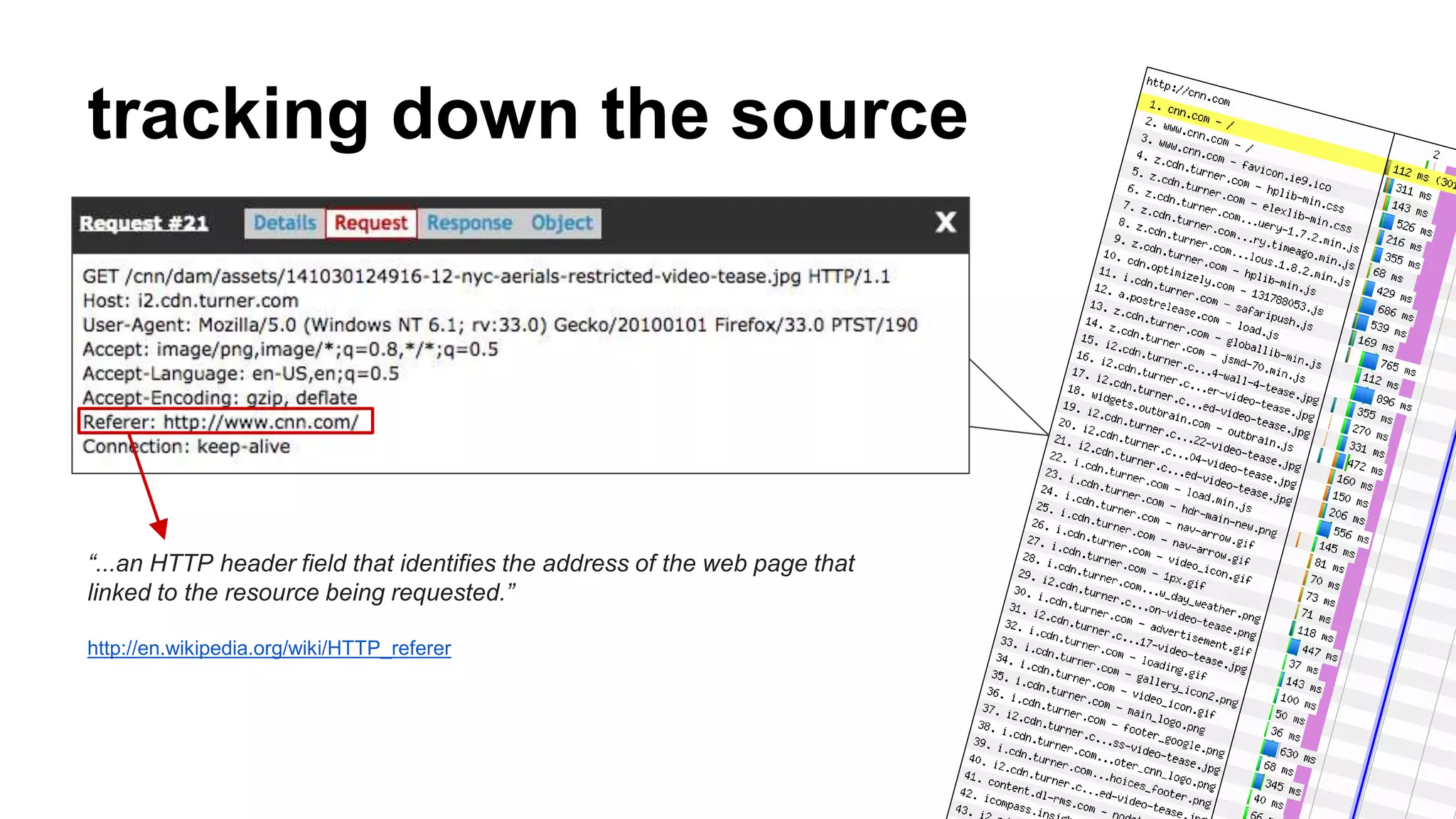 tracking down the source 
“...an HTTP header field that identifies the address of the web page that 
linked to the resource being requested.” 
http://en.wikipedia.org/wiki/HTTP_referer 
 