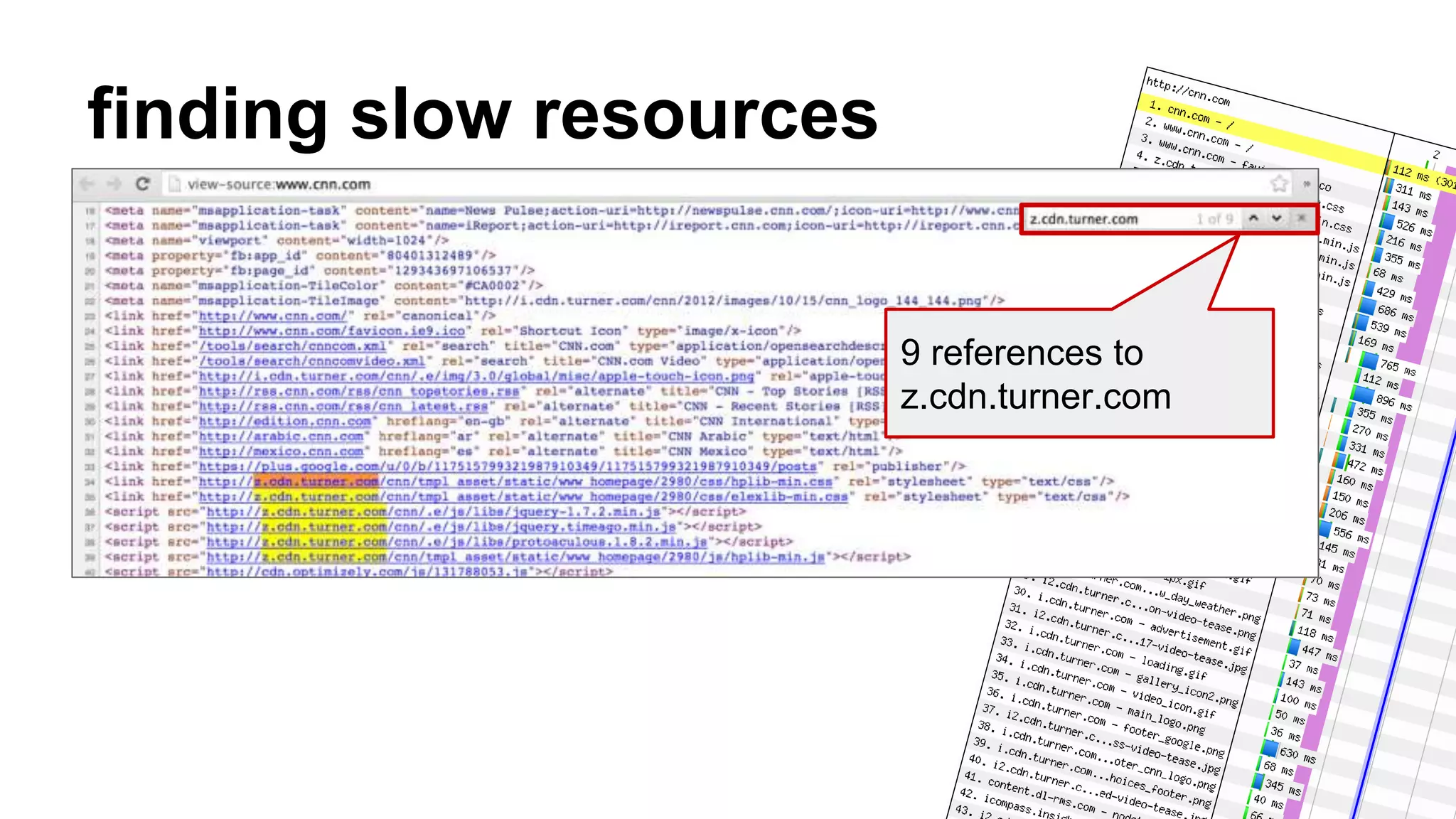 finding slow resources 
9 references to 
z.cdn.turner.com 
 