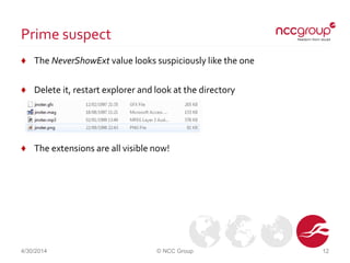 Prime suspect
♦ The NeverShowExt value looks suspiciously like the one
♦ Delete it, restart explorer and look at the directory
♦ The extensions are all visible now!
4/30/2014 © NCC Group 12
 