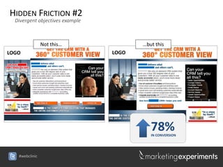 HIDDEN FRICTION #2
  Divergent objectives example



                Not this…               …but this
LOGO                             LOGO




                                           78%
                                           IN CONVERSION




   #webclinic
 
