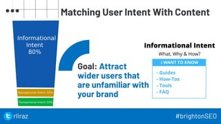 10
Matching User Intent With Content
Goal: Attract
wider users that
are unfamiliar with
your brand
10
rliraz #brightonSEO
 