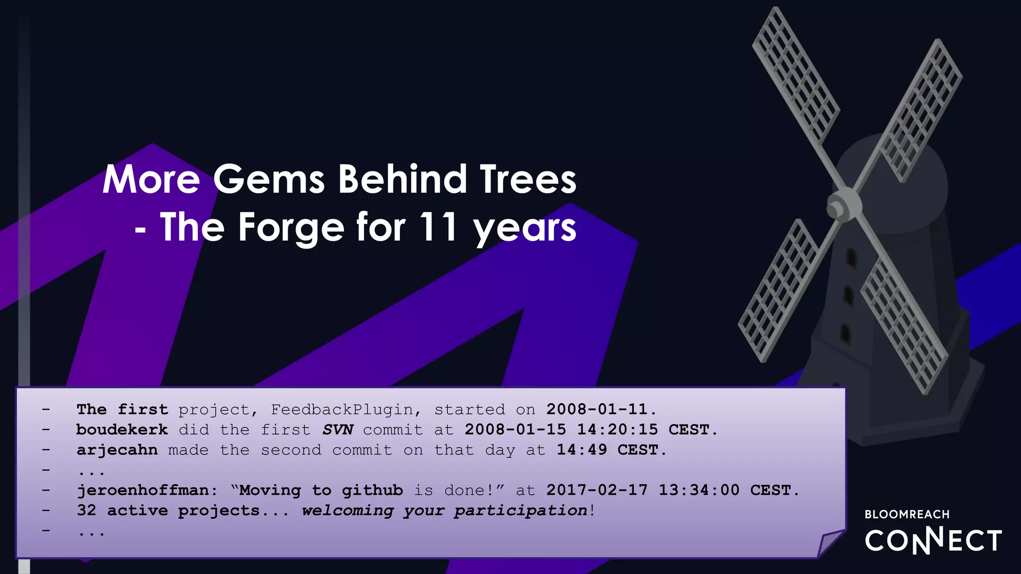 - The first project, FeedbackPlugin, started on 2008-01-11.
- boudekerk did the first SVN commit at 2008-01-15 14:20:15 CEST.
- arjecahn made the second commit on that day at 14:49 CEST.
- ...
- jeroenhoffman: “Moving to github is done!” at 2017-02-17 13:34:00 CEST.
- 32 active projects... welcoming your participation!
- ...
 