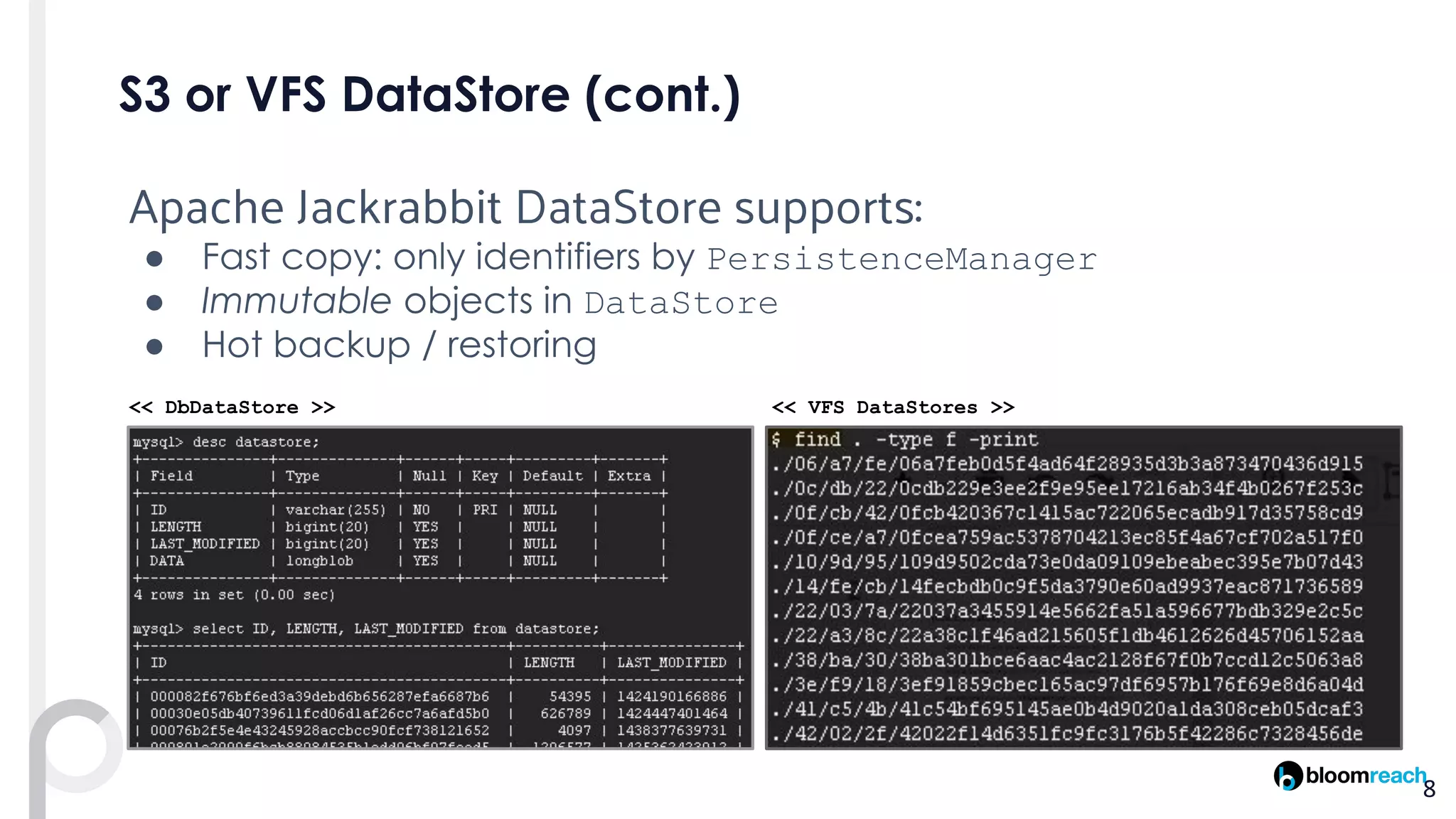 Apache Jackrabbit DataStore supports:
● PersistenceManager
● DataStore
●
<< DbDataStore >> << VFS DataStores >>
 