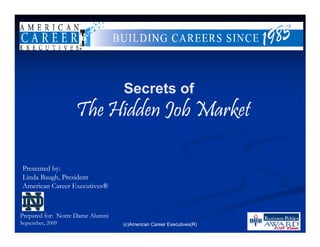 Secrets of
                   The Hidden Job Market

Presented by:
Linda Baugh, President
American Career Executives®



Prepared for: Notre Dame Alumni
September, 2009                   (c)American Career Executives(R)
 