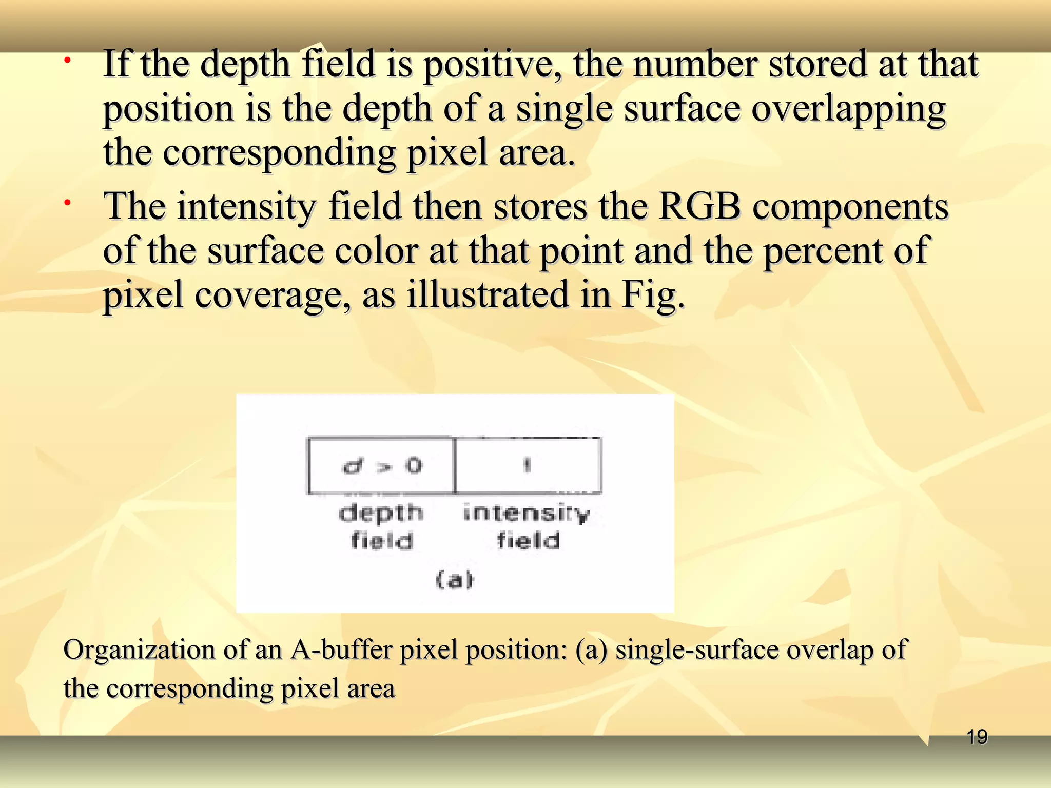 • If the depth field is positive, the number stored at thatIf the depth field is positive, the number stored at that
position is the depth of a single surface overlappingposition is the depth of a single surface overlapping
the corresponding pixel area.the corresponding pixel area.
• The intensity field then stores the RGB componentsThe intensity field then stores the RGB components
of the surface color at that point and the percent ofof the surface color at that point and the percent of
pixel coverage, as illustrated in Fig.pixel coverage, as illustrated in Fig.
Organization of an A-buffer pixel position: (a) single-surface overlap ofOrganization of an A-buffer pixel position: (a) single-surface overlap of
the corresponding pixel areathe corresponding pixel area
1919
 