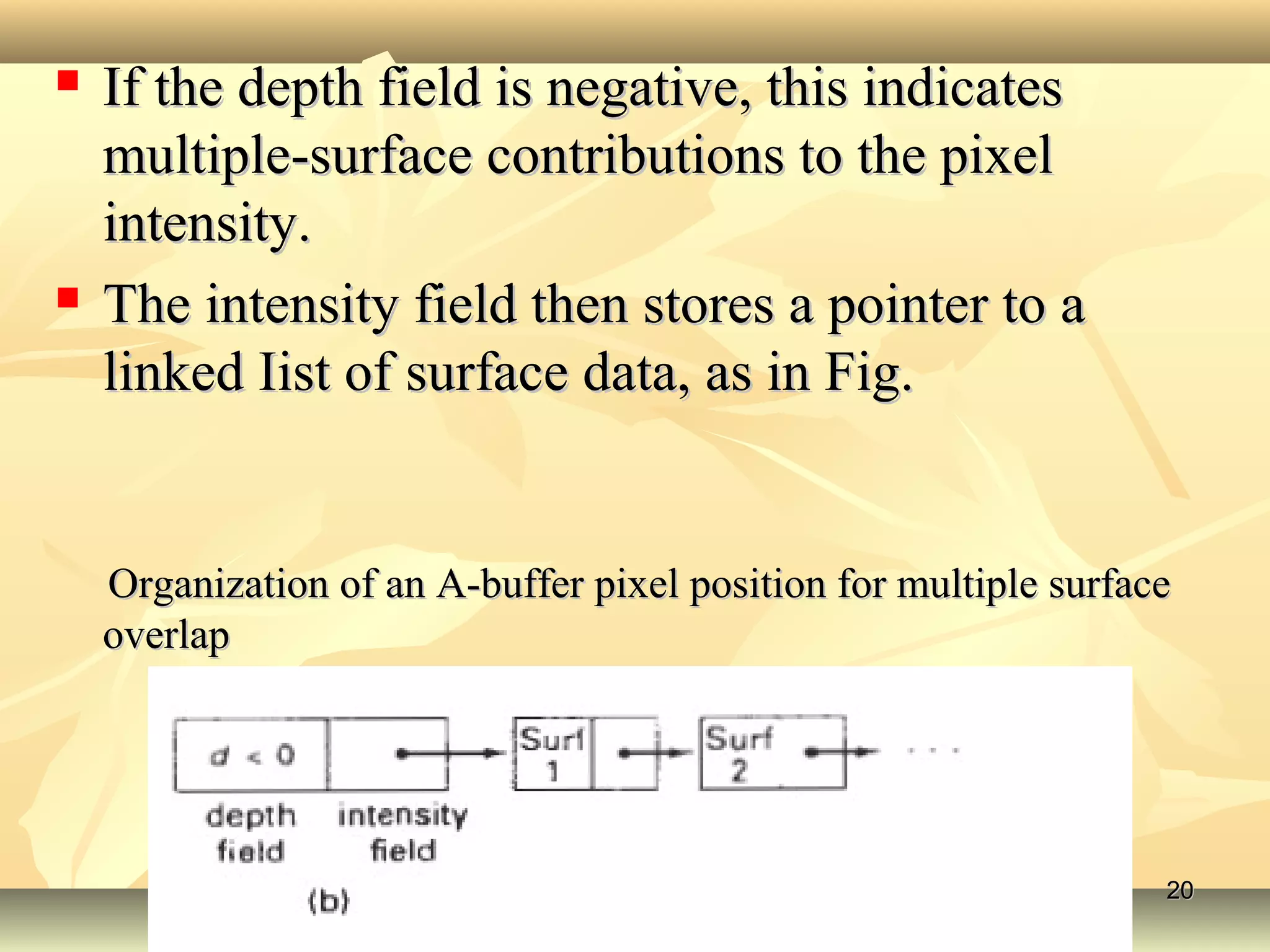  If the depth field is negative, this indicatesIf the depth field is negative, this indicates
multiple-surface contributions to the pixelmultiple-surface contributions to the pixel
intensity.intensity.
 The intensity field then stores a pointer to aThe intensity field then stores a pointer to a
linked Iist of surface data, as in Fig.linked Iist of surface data, as in Fig.
Organization of an A-buffer pixel position for multiple surfaceOrganization of an A-buffer pixel position for multiple surface
overlapoverlap
2020
 
