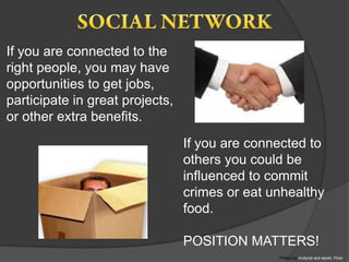 If you are connected to the
right people, you may have
opportunities to get jobs,
participate in great projects,
or other extra benefits.
                                 If you are connected to
                                 others you could be
                                 influenced to commit
                                 crimes or eat unhealthy
                                 food.

                                 POSITION MATTERS!
                                                Photos by Andyrob and alexik, Flickr
 