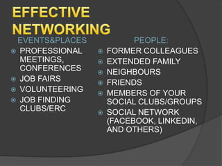 EVENTS&PLACES             PEOPLE:
 PROFESSIONAL      FORMER COLLEAGUES
  MEETINGS,         EXTENDED FAMILY
  CONFERENCES       NEIGHBOURS
 JOB FAIRS
                    FRIENDS
 VOLUNTEERING
                    MEMBERS OF YOUR
 JOB FINDING        SOCIAL CLUBS/GROUPS
  CLUBS/ERC         SOCIAL NETWORK
                     (FACEBOOK, LINKEDIN,
                     AND OTHERS)
 