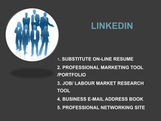 LINKEDIN


1.   SUBSTITUTE ON-LINE RESUME
2. PROFESSIONAL MARKETING TOOL
/PORTFOLIO
3. JOB/ LABOUR MARKET RESEARCH
TOOL
4. BUSINESS E-MAIL ADDRESS BOOK
5. PROFESSIONAL NETWORKING SITE
 
