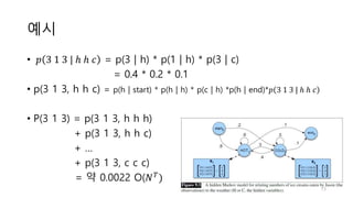 예시
• 𝑝 3 1 3 | ℎ ℎ 𝑐 = p(3 | h) * p(1 | h) * p(3 | c)
= 0.4 * 0.2 * 0.1
• p(3 1 3, h h c) = p(h | start) * p(h | h) * p(c | h) *p(h | end)*𝑝 3 1 3 | ℎ ℎ 𝑐
• P(3 1 3) = p(3 1 3, h h h)
+ p(3 1 3, h h c)
+ …
+ p(3 1 3, c c c)
= 약 0.0022 O(𝑁𝑇)
13
 