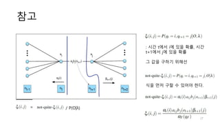 참고
: 시간 t에서 i에 있을 확률, 시간
t+1에서 j에 있을 확률
그 값을 구하기 위해선
식을 먼저 구할 수 있어야 한다.
= / P(O|λ)
27
 