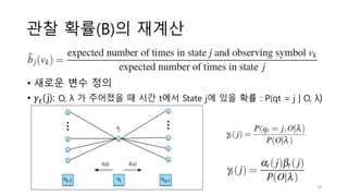 관찰 확률(B)의 재계산
• 새로운 변수 정의
• 𝛾𝑡(j): O, λ 가 주어졌을 때 시간 t에서 State j에 있을 확률 : P(qt = j | O, λ)
29
 