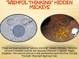 “Wishful Thinking” Hidden MickeysThese are illustrations of “wishful thinking” Hidden Mickeys. The first picture is located outside the Haunted Mansion in WDW’s Magic Kingdom. The second picture is the sentimental favorite from The Big Thunder Mountain Railroad ride.