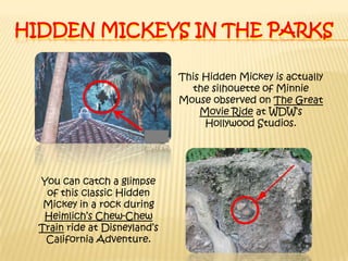 Hidden mickeys in the parksThis Hidden Mickey is actually the silhouette of Minnie Mouse observed on The Great Movie Ride at WDW’s Hollywood Studios.You can catch a glimpse of this classic Hidden Mickey in a rock during Heimlich’s Chew-Chew Train ride at Disneyland’s California Adventure.