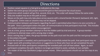 ● Position carpet squares in a 5x4 grid as indicated on the map.
● Gather the entire group (10) people around the grid so that everyone has visual access.
● Determine which student will go first, second, third, etc. This order will always follow the same order.
● Only one student may be on the path at once.
● Moves on the path may only take place across squares with a shared border (forward, backward, left, right,
or diagonal). Entire rows or columns may not be skipped.
● Communication between participants regarding the path is permitted when there is no one currently on
the path. Once a participant enters the path, all communication to that participant must halt. This includes
non-verbal communication and/or encouragement.
● One at a time, group members attempt to find the hidden path by trial and error. A group member
continues to attempt steps until a wrong step is taken.
● Once a wrong step is taken, the group member on the path must exit the path and the next group member
in line enters the path.
● Once the full path is revealed, and a participant has successfully exited the path, that participant may no
longer assist with providing instructions or suggestions to those who have not yet completed the path.
● Proceed with all other participants completing the revealed path until all have exited. Again, as each
participant completes the path, he/she is no longer permitted to assist, verbally or non-verbally.
● The reader of the map (facilitator) judges proper moves. Other participants should not see the map at any
time.
Directions
 