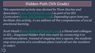 Hidden Path (5th Grade)
This experiential activity was devised by Thom Stecher and
Associates (www.ThomStecher.com) as part of an SEL
Curriculum (www.SELToolkits.com). Depending upon how you
facilitate this activity, it can address all five competencies of social
emotional learning.
Scott Heydt (www.RefinedCharacter.com), a friend and colleague
in SEL , integrated Hidden Path into math by connecting it to
coordinate planes. Instead of stepping into a square, the students
step onto points of a coordinate plane (and call out the numbers
in order).
 