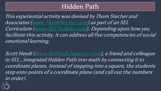 Hidden Path
This experiential activity was devised by Thom Stecher and
Associates (www.ThomStecher.com) as part of an SEL
Curriculum (www.SELToolkits.com). Depending upon how you
facilitate this activity, it can address all five competencies of social
emotional learning.
Scott Heydt (www.RefinedCharacter.com), a friend and colleague
in SEL , integrated Hidden Path into math by connecting it to
coordinate planes. Instead of stepping into a square, the students
step onto points of a coordinate plane (and call out the numbers
in order).
 