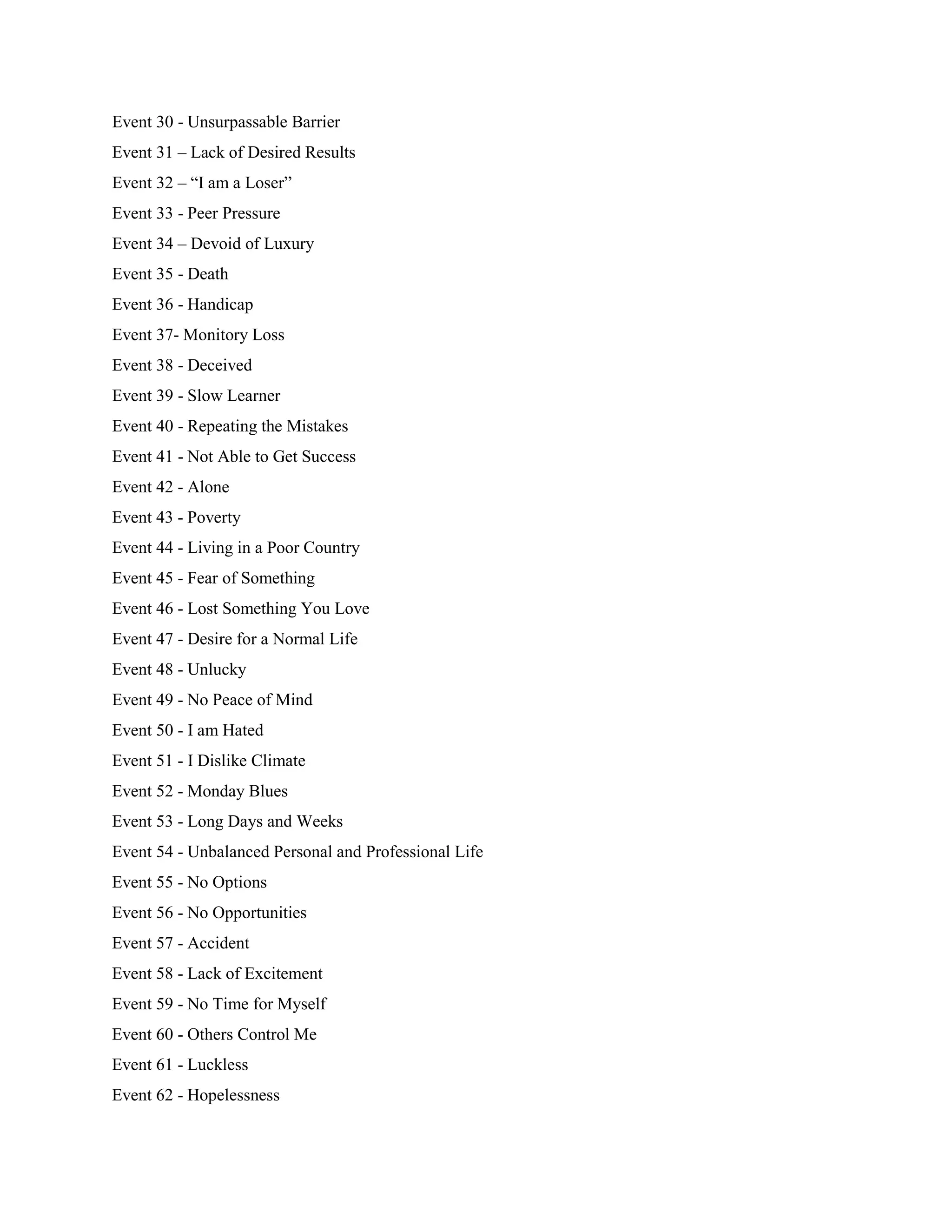 Event 30 - Unsurpassable Barrier
Event 31 – Lack of Desired Results
Event 32 – “I am a Loser”
Event 33 - Peer Pressure
Event 34 – Devoid of Luxury
Event 35 - Death
Event 36 - Handicap
Event 37- Monitory Loss
Event 38 - Deceived
Event 39 - Slow Learner
Event 40 - Repeating the Mistakes
Event 41 - Not Able to Get Success
Event 42 - Alone
Event 43 - Poverty
Event 44 - Living in a Poor Country
Event 45 - Fear of Something
Event 46 - Lost Something You Love
Event 47 - Desire for a Normal Life
Event 48 - Unlucky
Event 49 - No Peace of Mind
Event 50 - I am Hated
Event 51 - I Dislike Climate
Event 52 - Monday Blues
Event 53 - Long Days and Weeks
Event 54 - Unbalanced Personal and Professional Life
Event 55 - No Options
Event 56 - No Opportunities
Event 57 - Accident
Event 58 - Lack of Excitement
Event 59 - No Time for Myself
Event 60 - Others Control Me
Event 61 - Luckless
Event 62 - Hopelessness
 