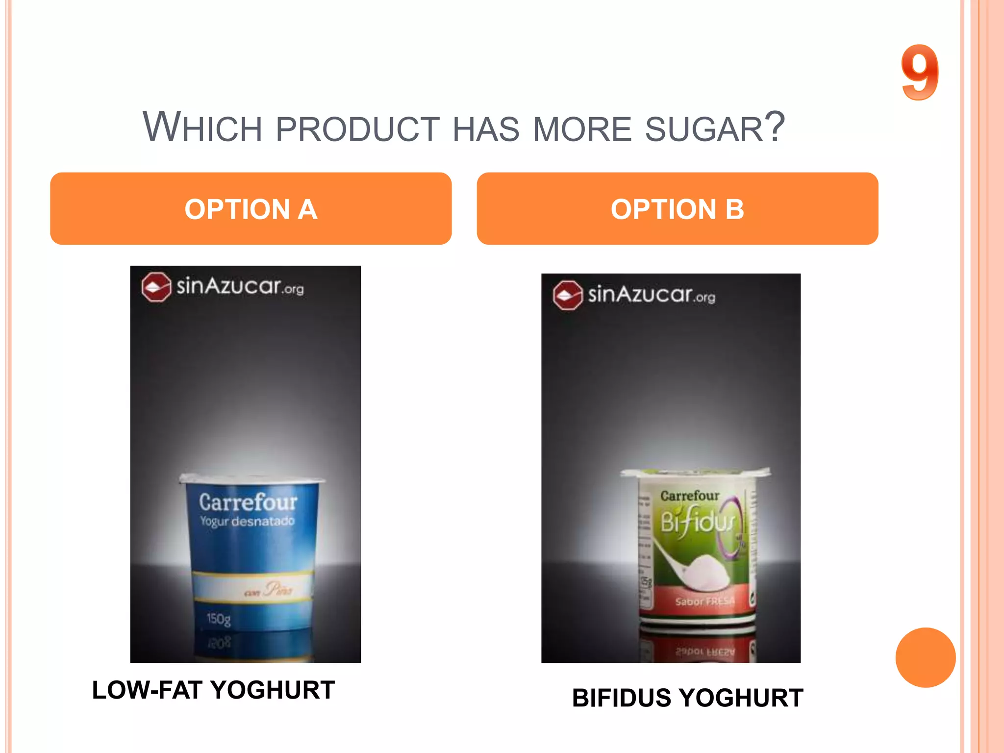WHICH PRODUCT HAS MORE SUGAR?
OPTION A OPTION B
LOW-FAT YOGHURT BIFIDUS YOGHURT
 