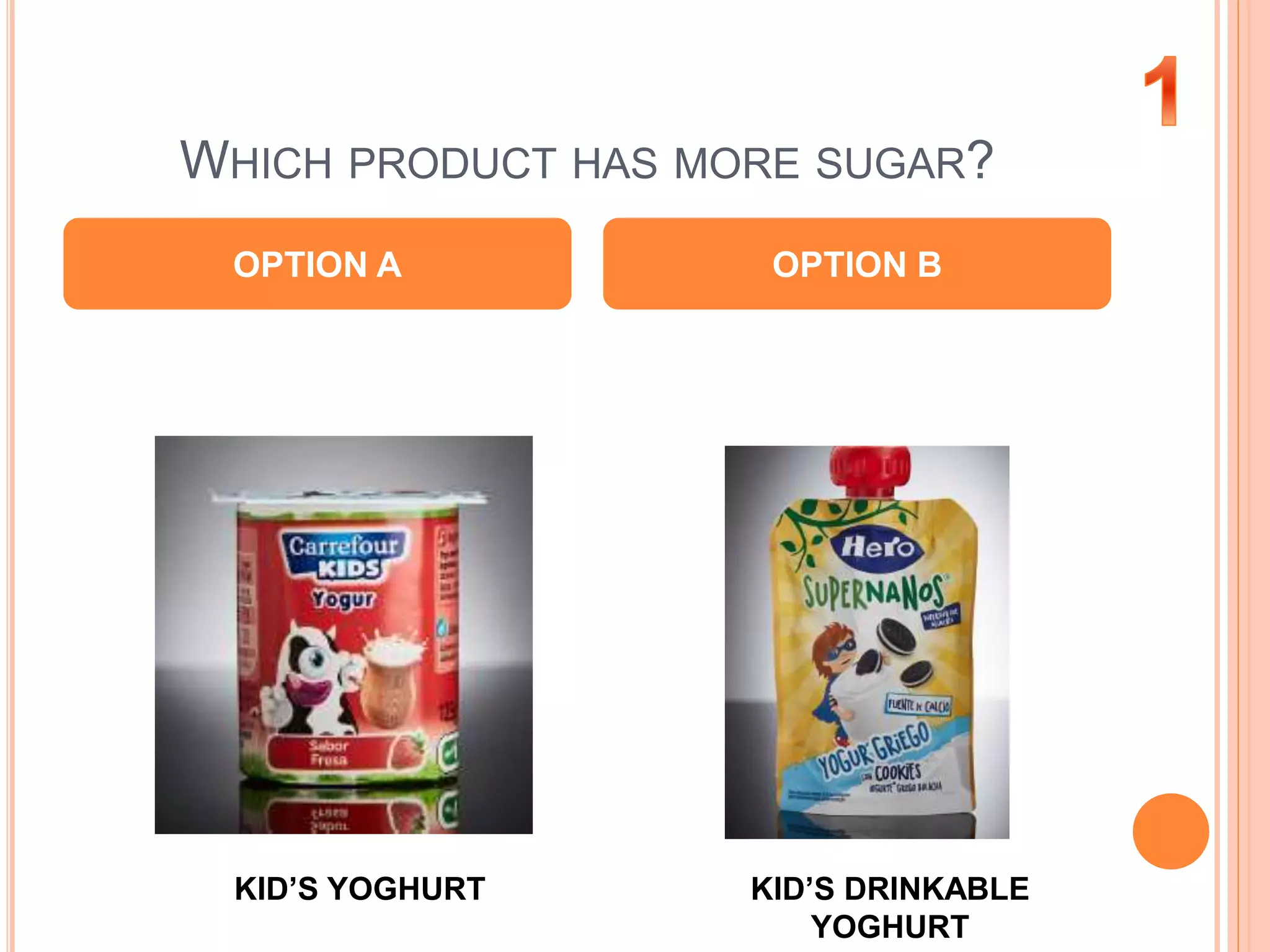 WHICH PRODUCT HAS MORE SUGAR?
OPTION A OPTION B
KID’S DRINKABLE
YOGHURT
KID’S YOGHURT
 