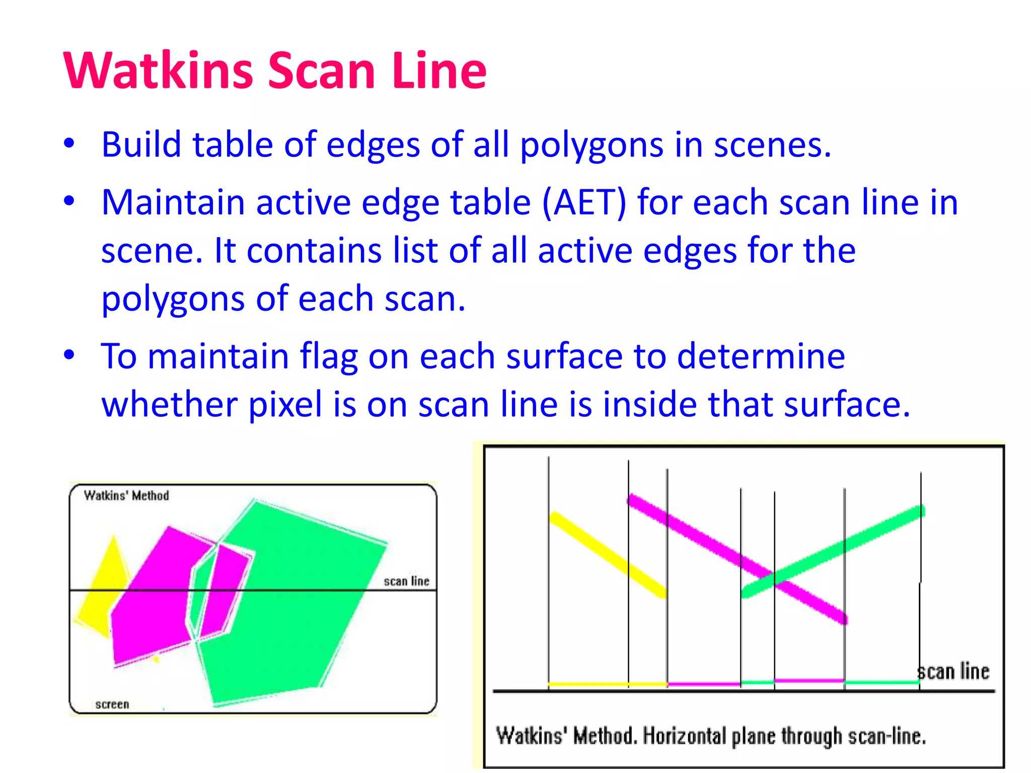 Watkins Scan Line
• Build table of edges of all polygons in scenes.
• Maintain active edge table (AET) for each scan line in
scene. It contains list of all active edges for the
polygons of each scan.
• To maintain flag on each surface to determine
whether pixel is on scan line is inside that surface.
 