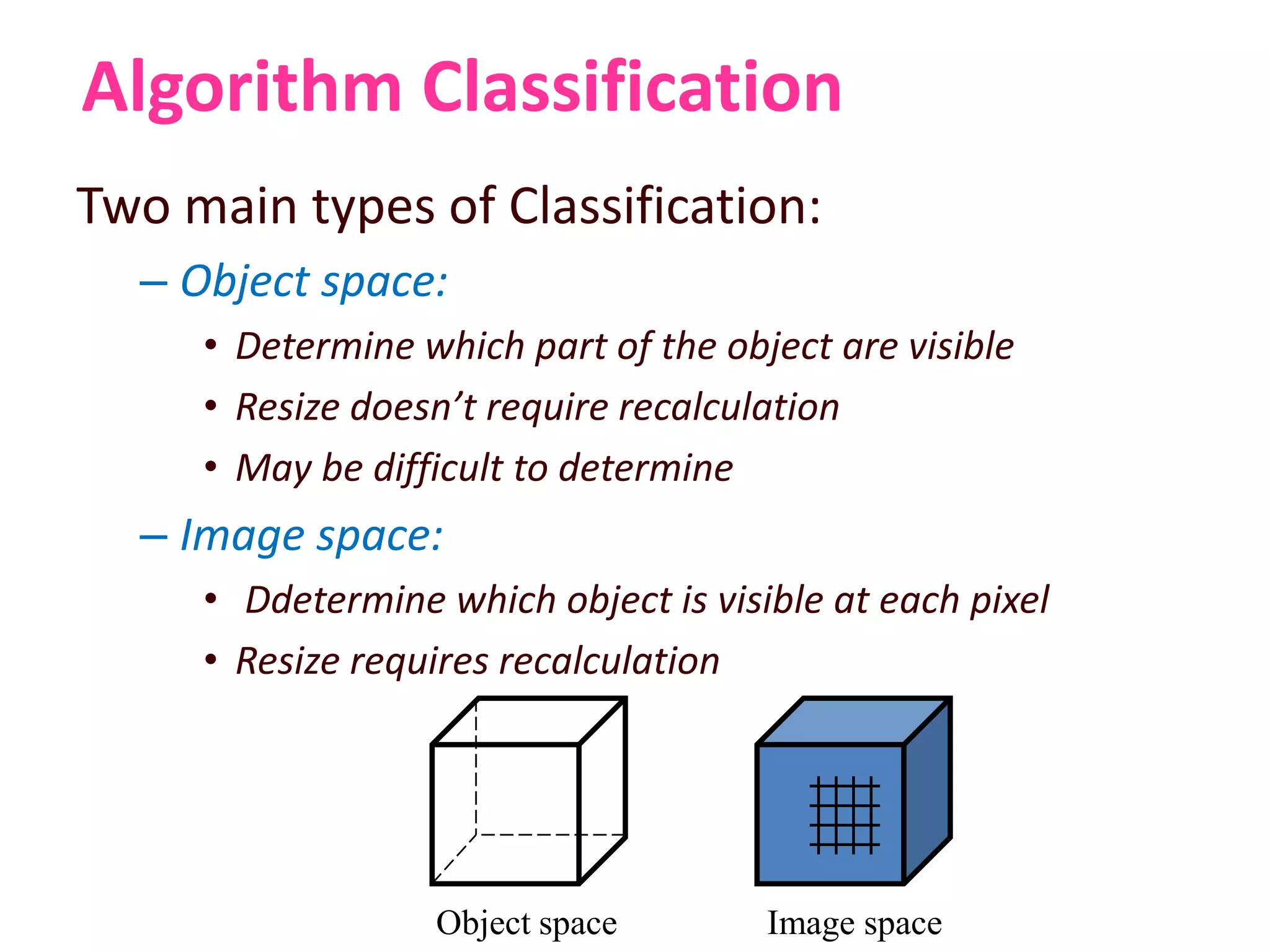 Algorithm Classification
Two main types of Classification:
– Object space:
• Determine which part of the object are visible
• Resize doesn’t require recalculation
• May be difficult to determine
– Image space:
• Ddetermine which object is visible at each pixel
• Resize requires recalculation
Object space Image space
 