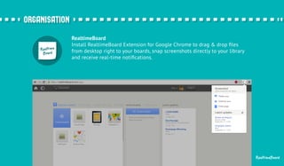 RealtimeBoard 
Install RealtimeBoard Extension for Google Chrome to drag & drop files 
from desktop right to your boards, snap screenshots directly to your library 
and receive real-time notifications. 
RealtimeBoard 
oorrggaanniissaattiioonn 
 