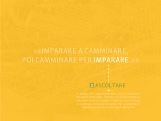 <<IMPARARE A CAMMINARE,
POI CAMMINARE PER IMPARARE
                  IMPARARE.>>


                         2   ASCOLTARE
             il tempo per l’apprendimento viene solitamente
             IDENTIFICATO COME NOIOSO ED ISTITUZIONALE:
             imparare mentre si svolge un’attività fisica richiede
             la presenza di una componente che ne giustifica il
                  dispendio di tempo e ne facilita l’attenzione.
 