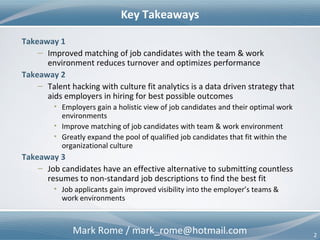 Mark Rome / mark_rome@hotmail.com 2
Key Takeaways
Takeaway 1
– Improved matching of job candidates with the team & work environment
improves retention, lowers the cost of hiring, and optimizes performance
Takeaway 2
– Talent hacking with culture fit analytics is a data driven strategy that aids
employers in hiring for best possible outcomes
• Employers gain a holistic view of job candidates – their skills, personality, and
optimal work environments
• Improved matching of job candidates with team & work environment
• Greatly expand the pool of qualified job candidates that fit within the
organizational culture and can deliver desired outcomes
Takeaway 3
– Job candidates have an effective alternative to submitting countless
resumes to non-standard job descriptions to find the best fit
• Job applicants gain improved visibility into the employer’s team & work
environment
 