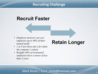 Mark Rome / mark_rome@hotmail.com 4
Recruiting Challenge
Recruit Faster
• Employee turnover can cost
employers up to 40% of their
annual profit
• 1 in 3 new hires don’t fit within
the company’s culture
• Roughly 60% of terminated
employees have a tenure of less
than 2 years
Retain Longer
 