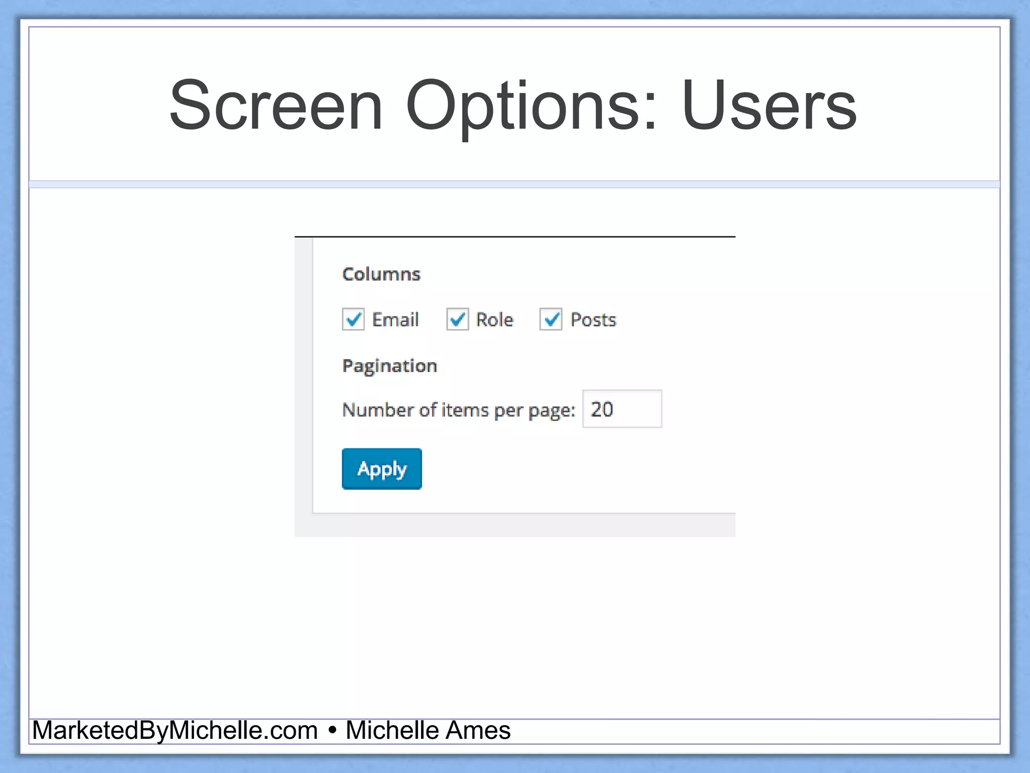 Screen Options: Users
MarketedByMichelle.com  Michelle Ames
 