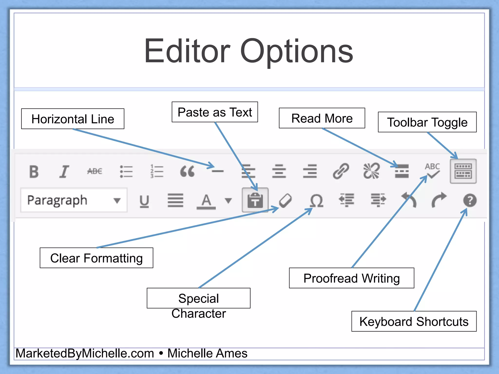 Editor Options
MarketedByMichelle.com  Michelle Ames
Paste as Text
Clear Formatting
Special
Character
Toolbar ToggleHorizontal Line Read More
Keyboard Shortcuts
Proofread Writing
 