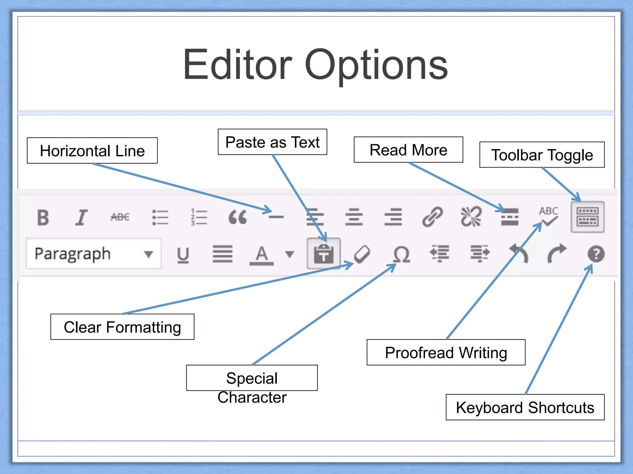 Editor Options
Paste as Text
Clear Formatting
Special
Character
Toolbar ToggleHorizontal Line Read More
Keyboard Shortcuts
Proofread Writing
 