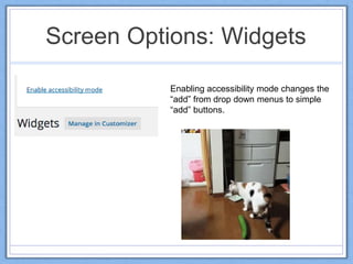 Screen Options: Widgets
Enabling accessibility mode changes the
“add” from drop down menus to simple
“add” buttons.
 