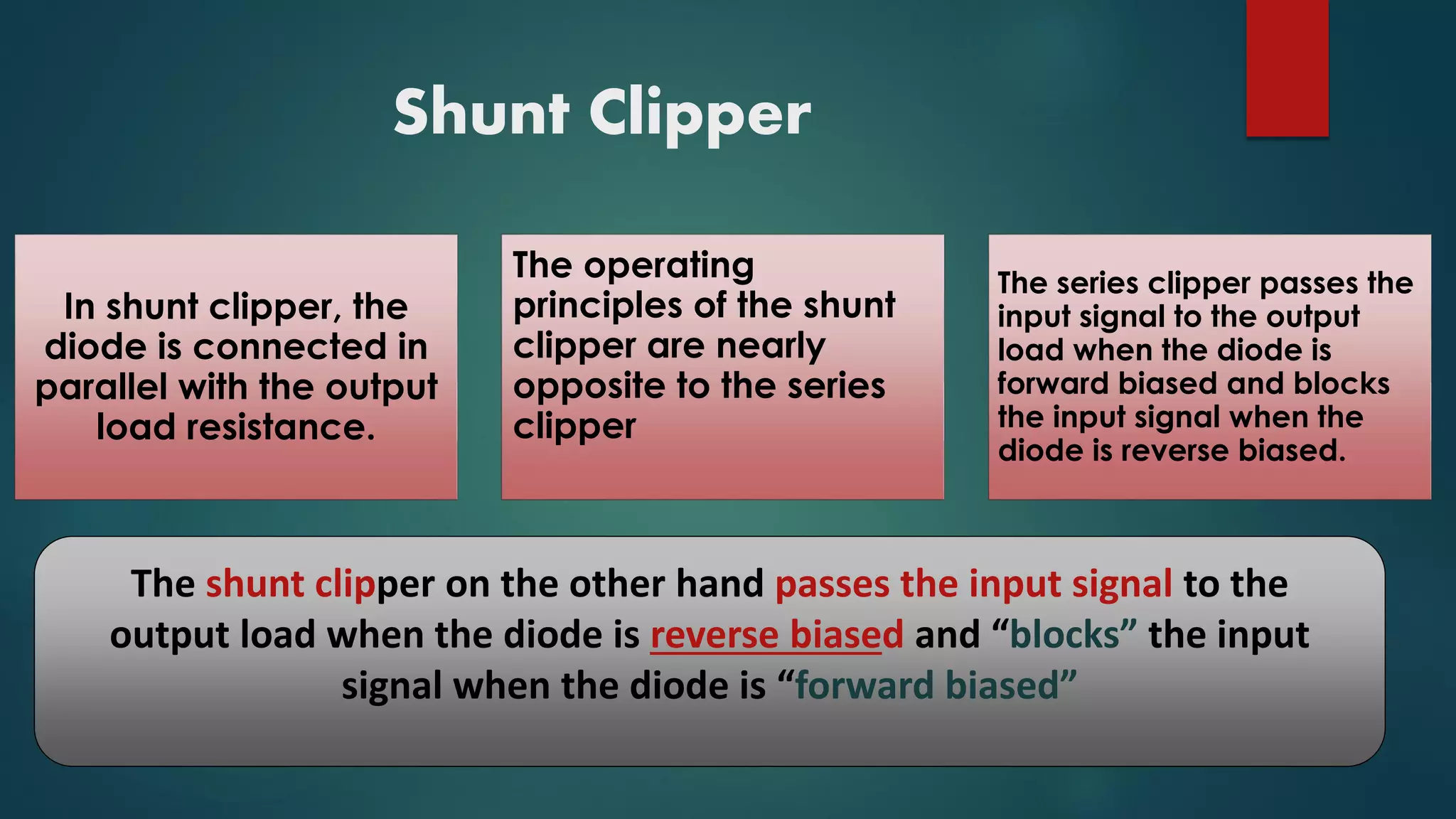 Shunt Clipper
In shunt clipper, the
diode is connected in
parallel with the output
load resistance.
The operating
principles of the shunt
clipper are nearly
opposite to the series
clipper
The series clipper passes the
input signal to the output
load when the diode is
forward biased and blocks
the input signal when the
diode is reverse biased.
The shunt clipper on the other hand passes the input signal to the
output load when the diode is reverse biased and “blocks” the input
signal when the diode is “forward biased”
 
