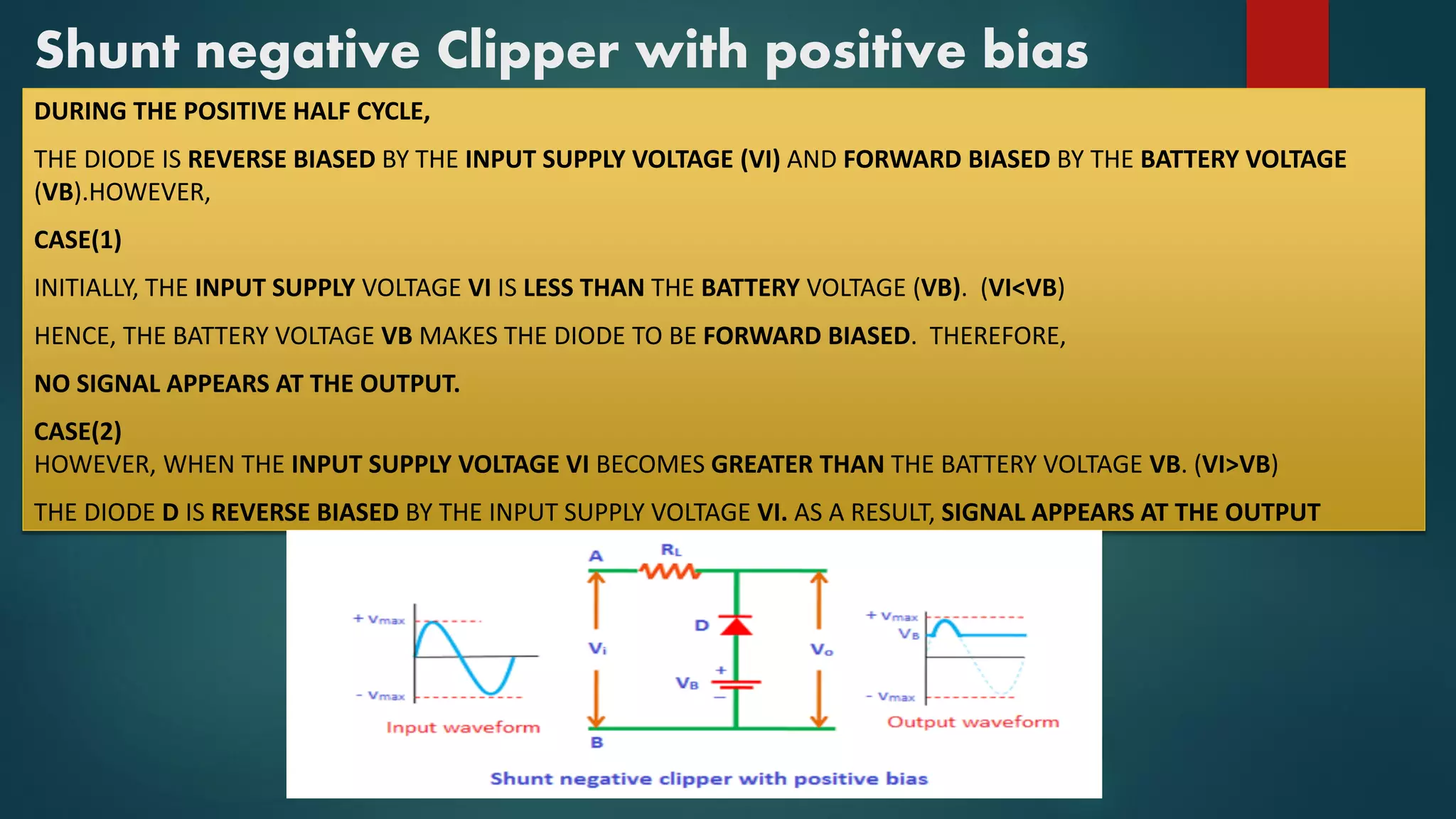 Shunt negative Clipper with positive bias
DURING THE POSITIVE HALF CYCLE,
THE DIODE IS REVERSE BIASED BY THE INPUT SUPPLY VOLTAGE (VI) AND FORWARD BIASED BY THE BATTERY VOLTAGE
(VB).HOWEVER,
CASE(1)
INITIALLY, THE INPUT SUPPLY VOLTAGE VI IS LESS THAN THE BATTERY VOLTAGE (VB). (VI<VB)
HENCE, THE BATTERY VOLTAGE VB MAKES THE DIODE TO BE FORWARD BIASED. THEREFORE,
NO SIGNAL APPEARS AT THE OUTPUT.
CASE(2)
HOWEVER, WHEN THE INPUT SUPPLY VOLTAGE VI BECOMES GREATER THAN THE BATTERY VOLTAGE VB. (VI>VB)
THE DIODE D IS REVERSE BIASED BY THE INPUT SUPPLY VOLTAGE VI. AS A RESULT, SIGNAL APPEARS AT THE OUTPUT
 