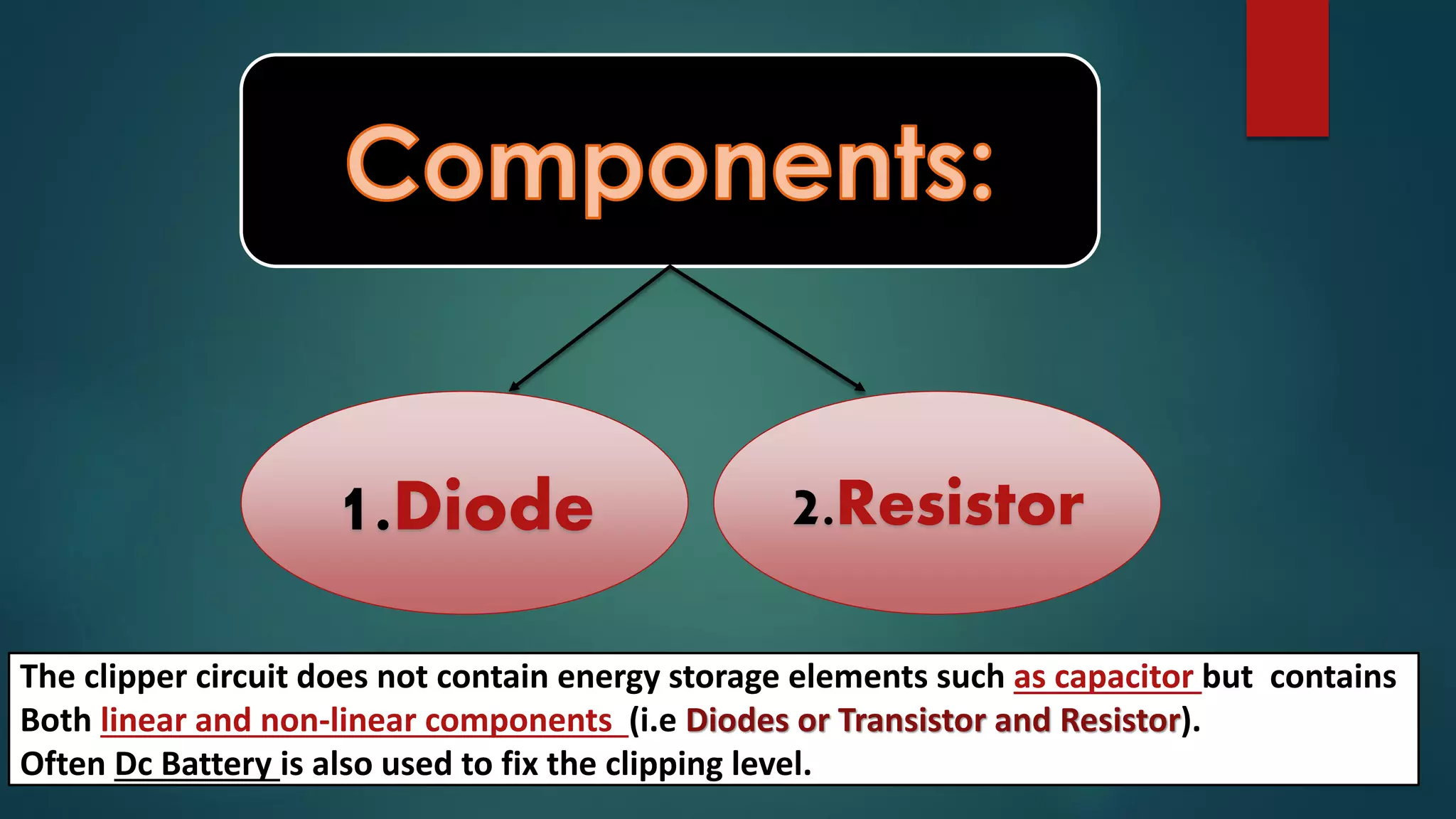 2.Resistor
The clipper circuit does not contain energy storage elements such as capacitor but contains
Both linear and non-linear components (i.e Diodes or Transistor and Resistor).
Often Dc Battery is also used to fix the clipping level.
1.Diode
 