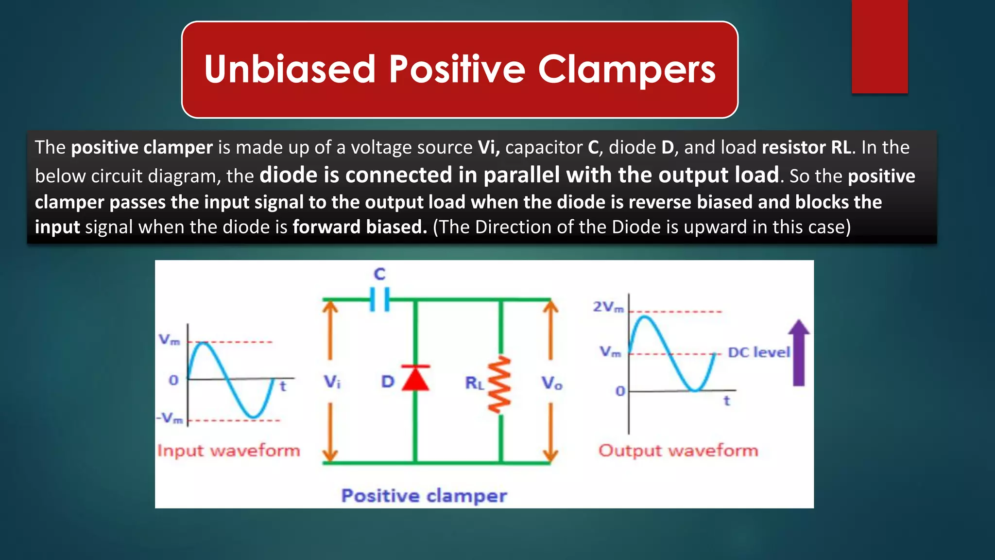 Unbiased Positive Clampers
The positive clamper is made up of a voltage source Vi, capacitor C, diode D, and load resistor RL. In the
below circuit diagram, the diode is connected in parallel with the output load. So the positive
clamper passes the input signal to the output load when the diode is reverse biased and blocks the
input signal when the diode is forward biased. (The Direction of the Diode is upward in this case)
 