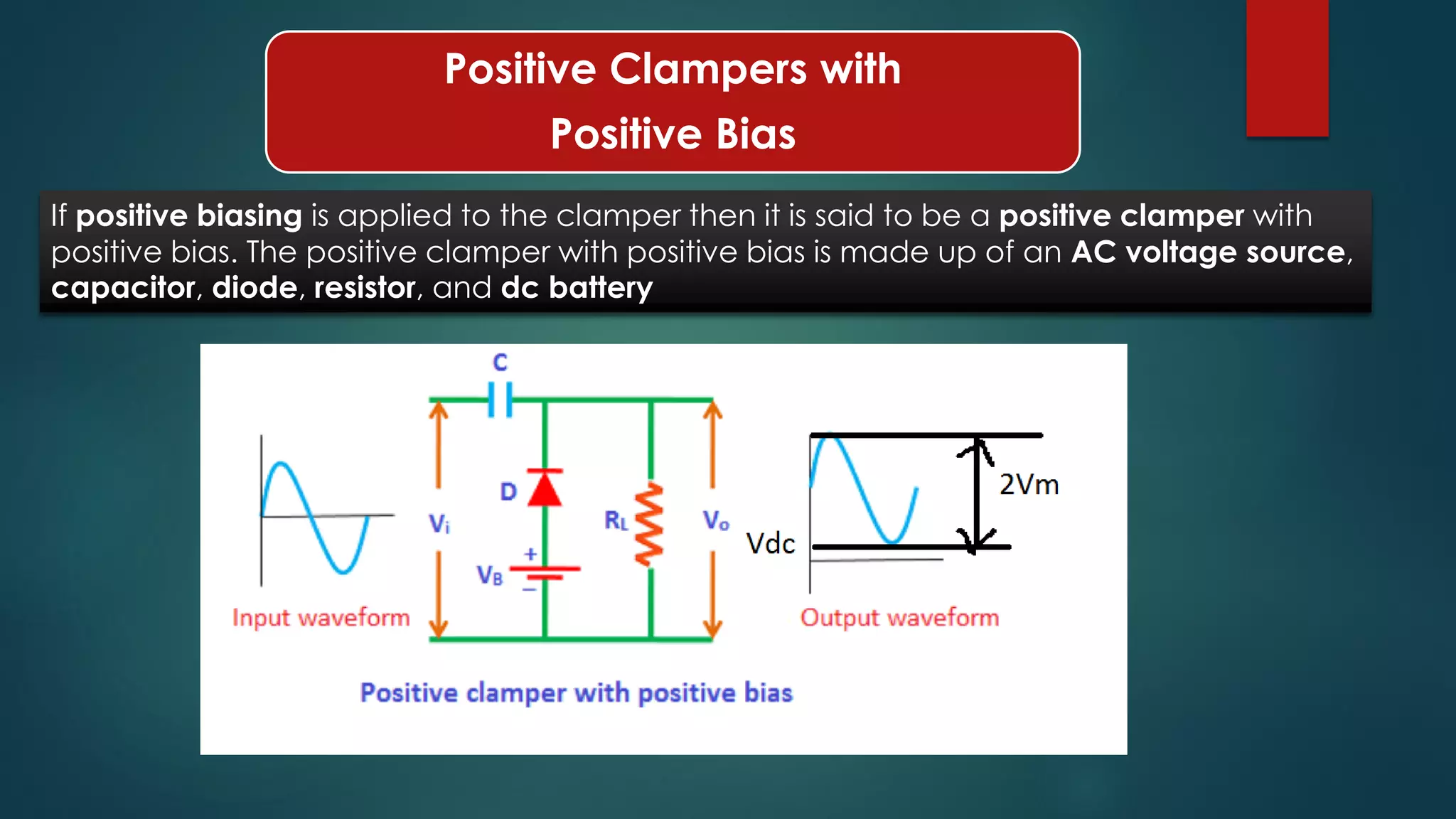 Positive Clampers with
Positive Bias
If positive biasing is applied to the clamper then it is said to be a positive clamper with
positive bias. The positive clamper with positive bias is made up of an AC voltage source,
capacitor, diode, resistor, and dc battery
 