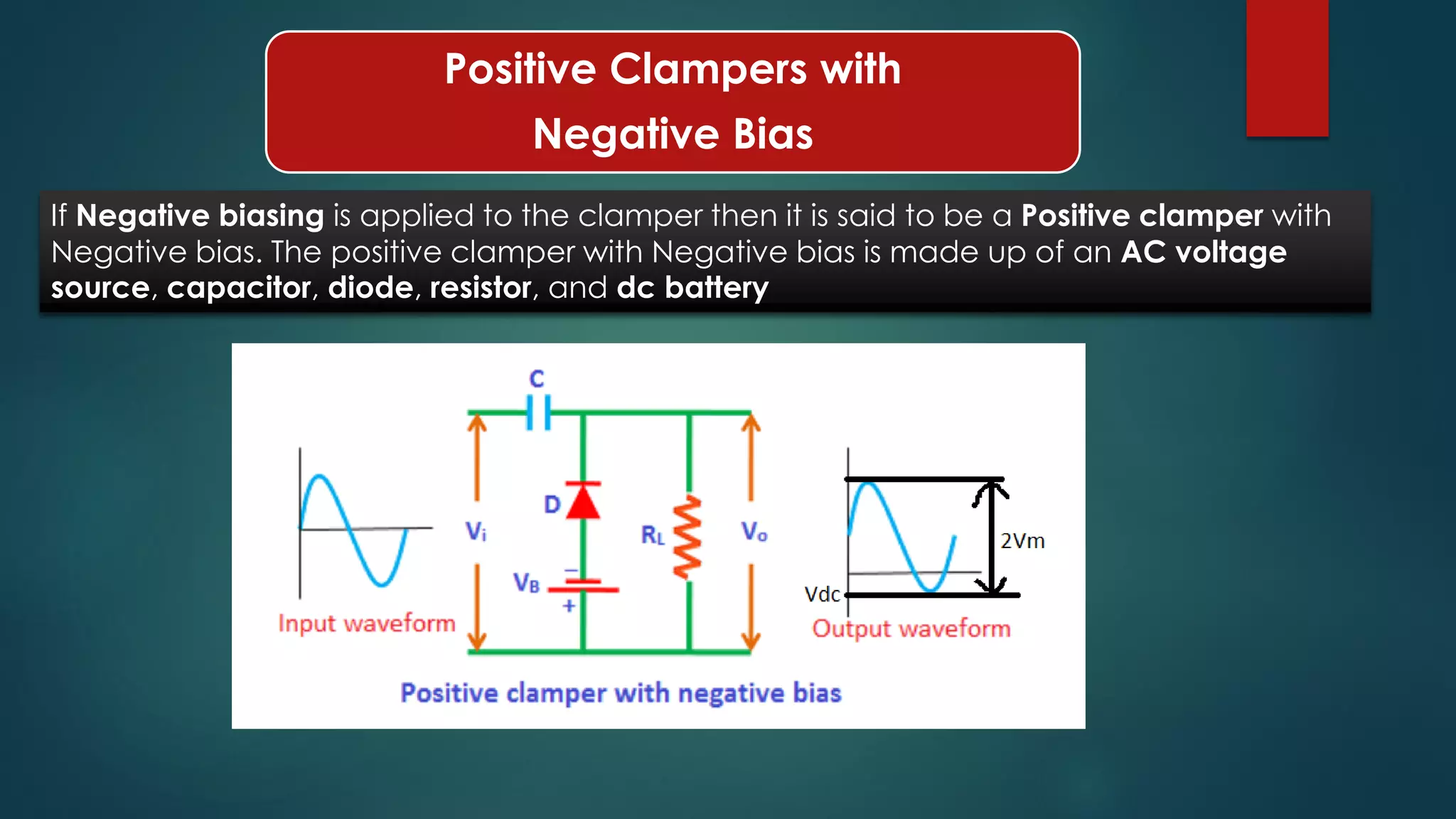 Positive Clampers with
Negative Bias
If Negative biasing is applied to the clamper then it is said to be a Positive clamper with
Negative bias. The positive clamper with Negative bias is made up of an AC voltage
source, capacitor, diode, resistor, and dc battery
 