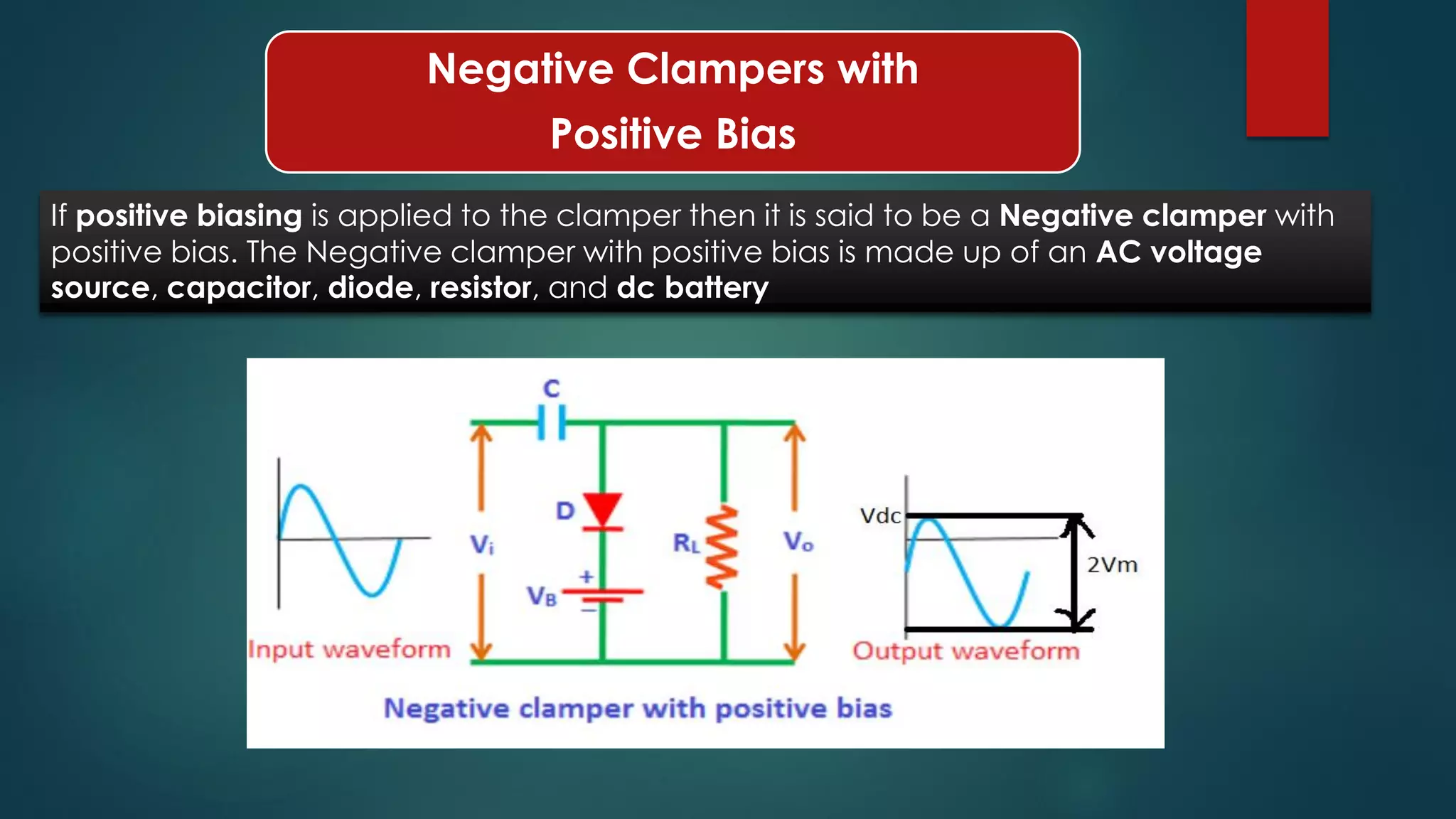 Negative Clampers with
Positive Bias
If positive biasing is applied to the clamper then it is said to be a Negative clamper with
positive bias. The Negative clamper with positive bias is made up of an AC voltage
source, capacitor, diode, resistor, and dc battery
 