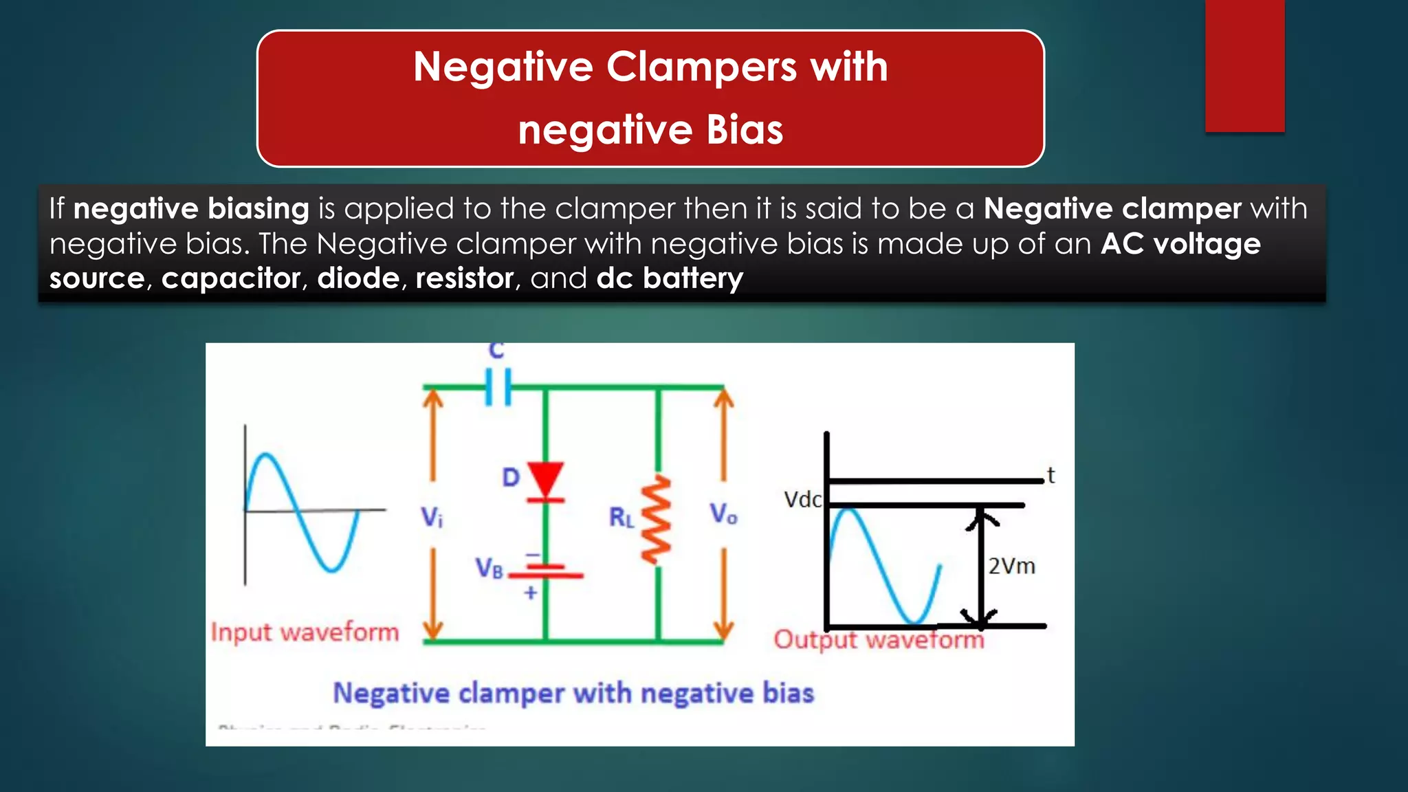 Negative Clampers with
negative Bias
If negative biasing is applied to the clamper then it is said to be a Negative clamper with
negative bias. The Negative clamper with negative bias is made up of an AC voltage
source, capacitor, diode, resistor, and dc battery
 