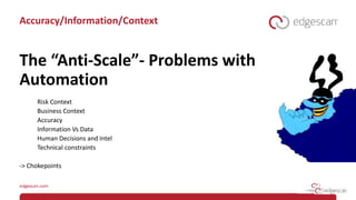 Accuracy/Information/Context
The “Anti-Scale”- Problems with
Automation
Risk Context
Business Context
Accuracy
Information Vs Data
Human Decisions and Intel
Technical constraints
-> Chokepoints
 