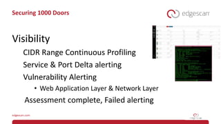 Securing 1000 Doors
Visibility
CIDR Range Continuous Profiling
Service & Port Delta alerting
Vulnerability Alerting
• Web Application Layer & Network Layer
Assessment complete, Failed alerting
 