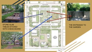 THE ENTRANCE TO
THE GARDEN
STONE SLAB
TABLES ETCHED
WITH CHESS BOARD
 