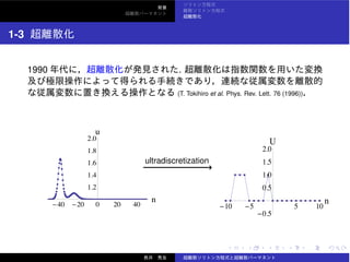 1-3
1990 .
(T. Tokihiro et al. Phys. Rev. Lett. 76 (1996))
40 20 0 20 40
n
1.2
1.4
1.6
1.8
2.0
u
ultradiscretization
−−−−−−−−−−−−−−−−→
10 5 5 10
n
0.5
0.5
1.0
1.5
2.0
U
 