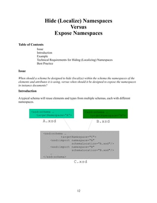 Hide (Localize) Namespaces
                               Versus
                        Expose Namespaces
Table of Contents
               Issue
               Introduction
               Example
               Technical Requirements for Hiding (Localizing) Namespaces
               Best Practice

Issue

When should a schema be designed to hide (localize) within the schema the namespaces of the
elements and attributes it is using, versus when should it be designed to expose the namespaces
in instance documents?
Introduction

A typical schema will reuse elements and types from multiple schemas, each with different
namespaces.


          <xsd:schema …                              <xsd:schema …
             targetNamespace=“A”>                       targetNamespace=“B”>

                   A.xsd                                       B.xsd

                    <xsd:schema …
                              targetNamespace=quot;Cquot;>
                        <xsd:import namespace=quot;Aquot;
                                    schemaLocation=quot;A.xsdquot;/>
                        <xsd:import namespace=quot;Bquot;
                                    schemaLocation=quot;B.xsdquot;/>
                        …
                    </xsd:schema>
                                            C.xsd




                                               12
 