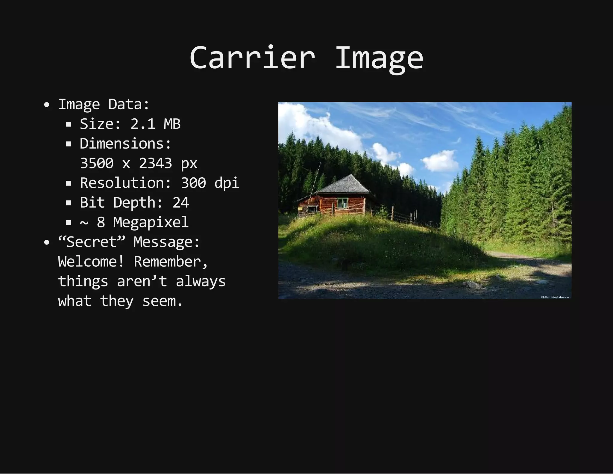 CarrierImage
ImageData:
Size:2.1MB
Dimensions:
3500x2343px
Resolution:300dpi
BitDepth:24
~8Megapixel
“Secret”Message:
Welcome!Remember,
thingsaren’talways
whattheyseem.
 