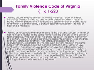 Family Violence Code of Virginia  
§ 16.1-228
! "Family abuse" means any act involving violence, force, or threat
includin...