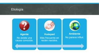Etiología
Agente
No existe una
causa conocida.
Huésped
Más frecuente en
recién nacidos.
Ambiente
No parece influir.
 